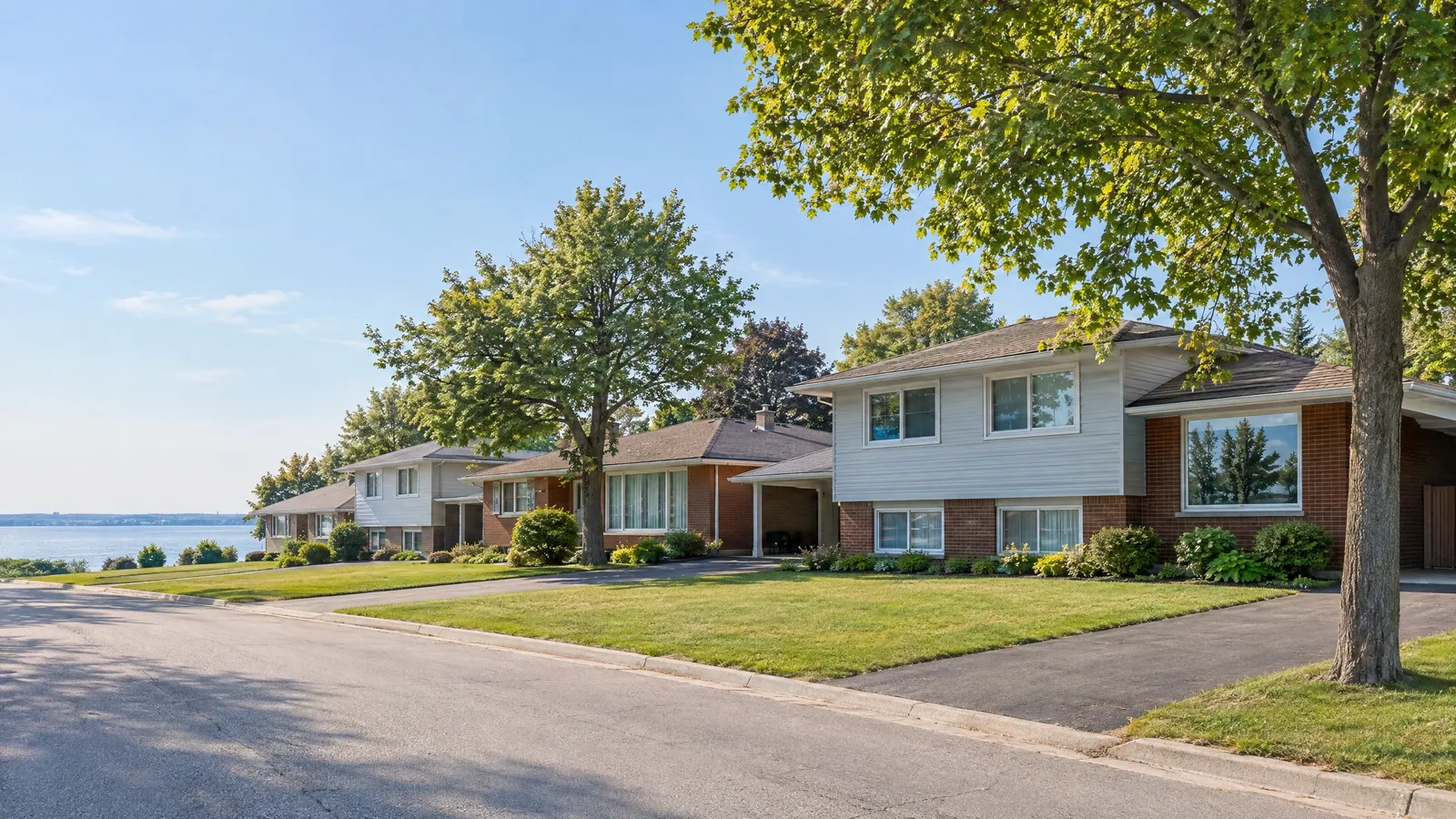 Side-split and bungalow houses in brick and siding with wide picture windows under mature trees, the lake visible at the end of the street