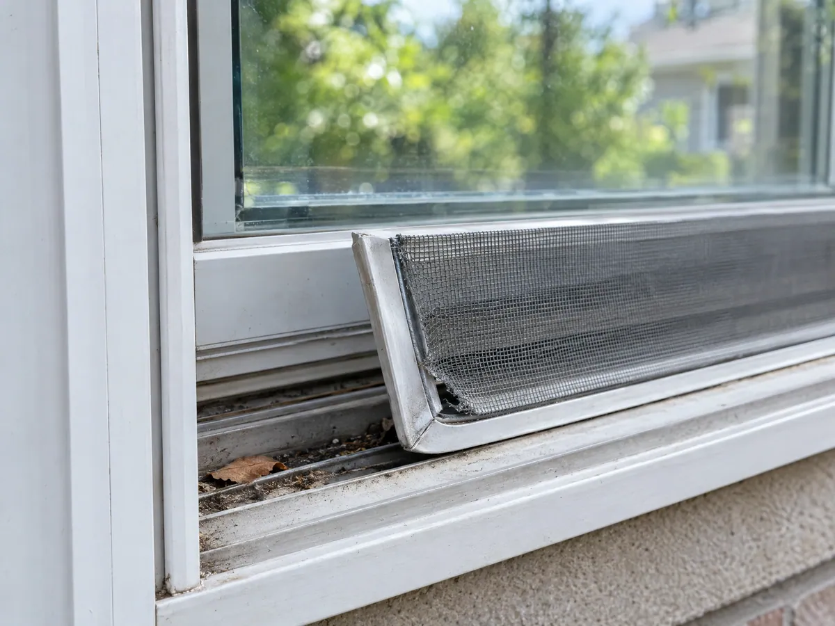Close-up of a slider window track with an aluminium window screen frame bent up and out of the track, its grey mesh torn and bulging at the corner, and a dead leaf in the dusty track