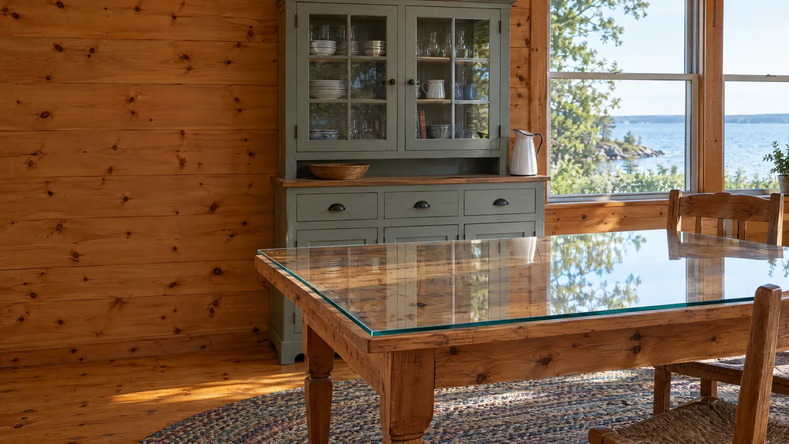 Cottage dining room with a pine table under a cut glass top, a painted hutch with glass-paned doors, and a lake view through the window