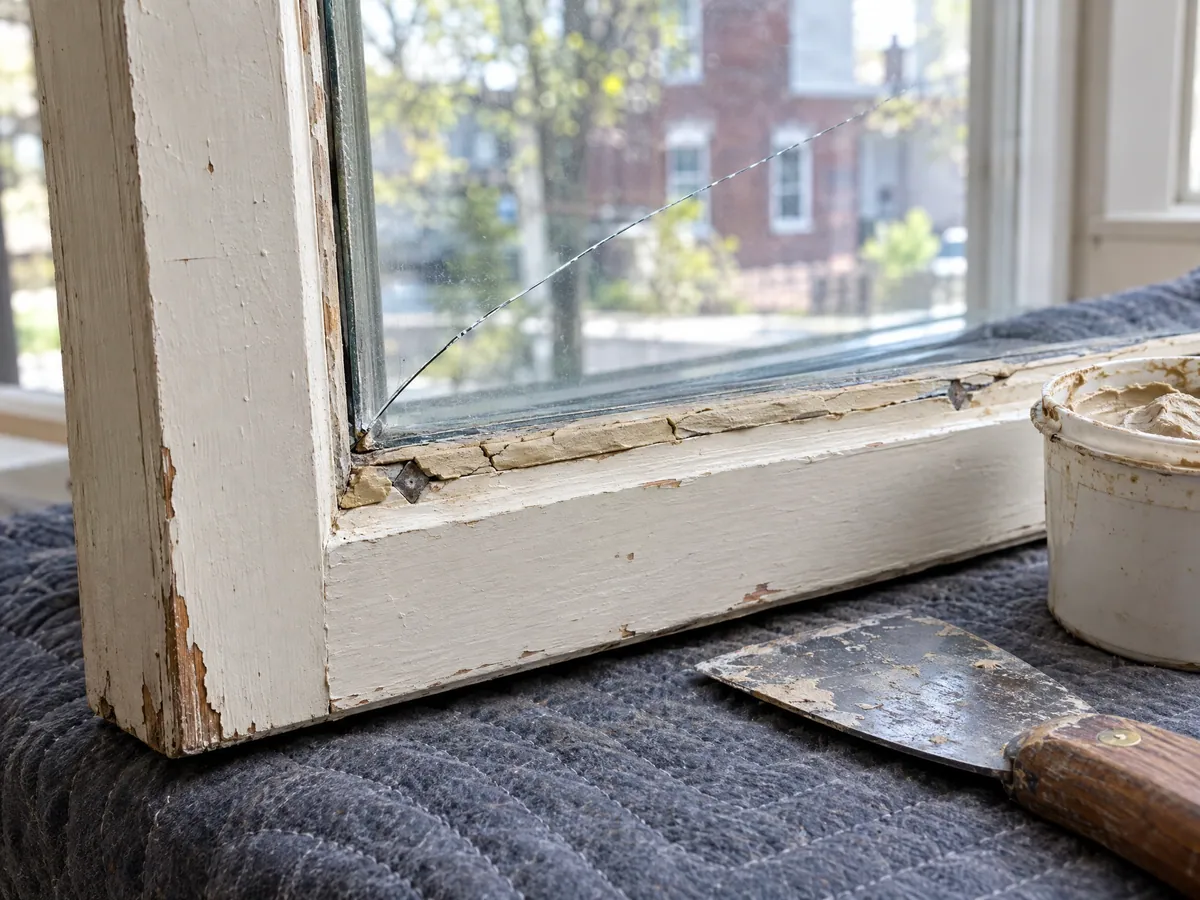 Old painted wood window sash lying on a workbench with one cracked single pane, dried putty lifting away and glazier's points showing