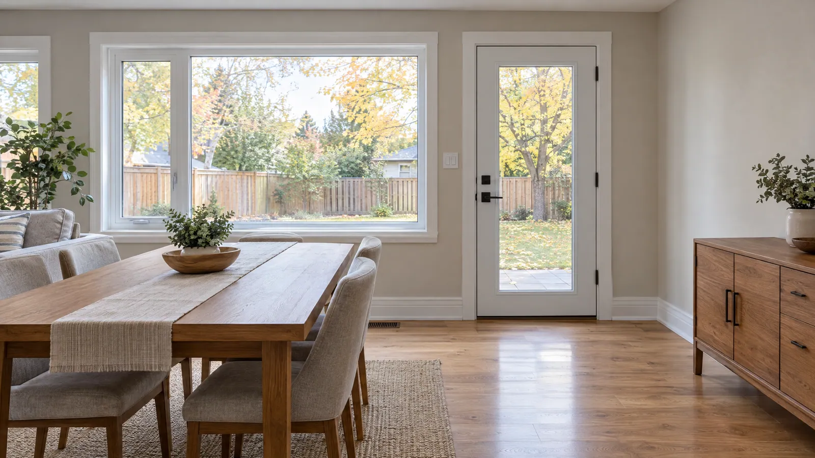 Dining room with a wide white window and a full-glass back door looking onto an autumn yard