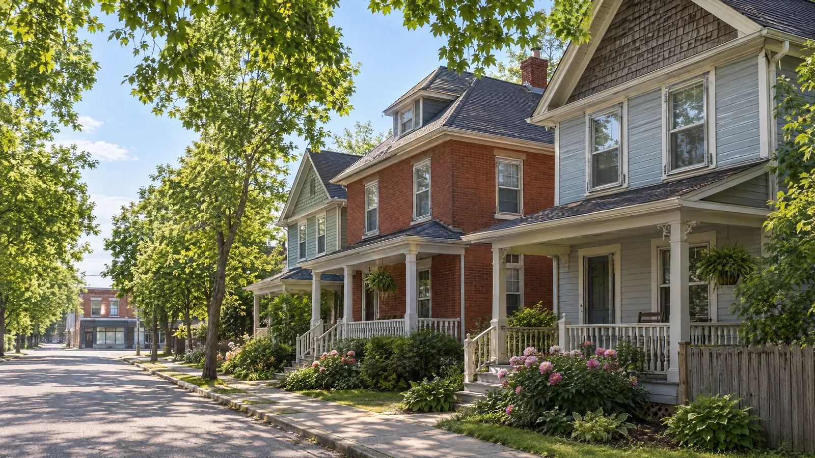 Tree-lined street of early 1900s clapboard and brick houses with verandahs, peonies and wood double-hung windows, a brick commercial block at the far end