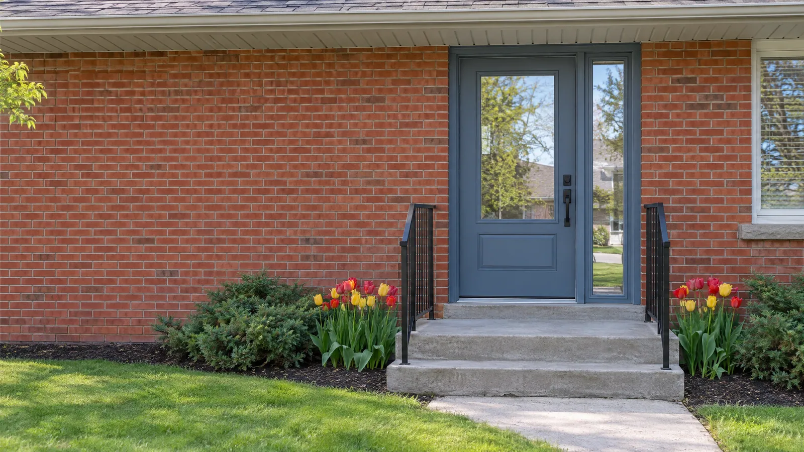 Slate-blue front door with a half-lite glass panel and a sidelight on a brick bungalow, tulips in the bed below