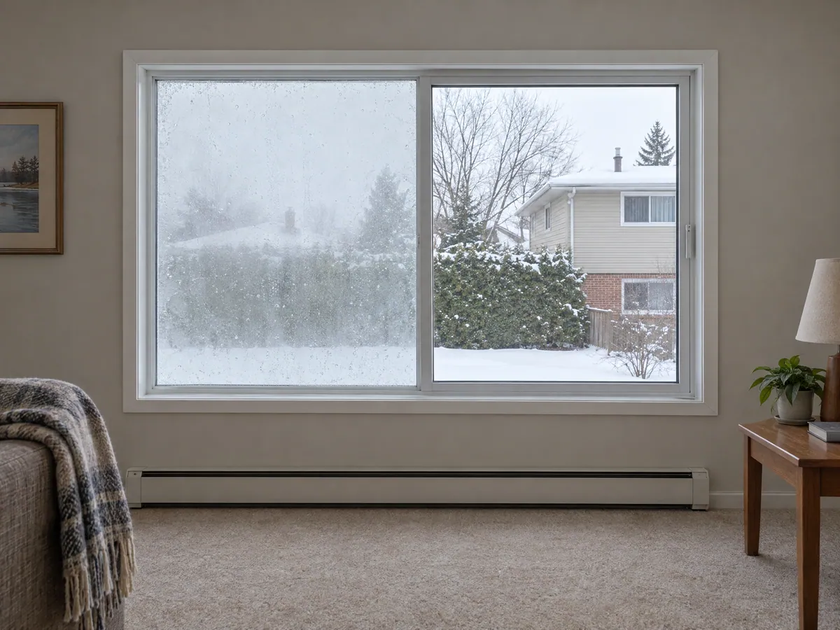 Living room slider in winter, its fixed panel fogged between the panes beside a clear sliding panel