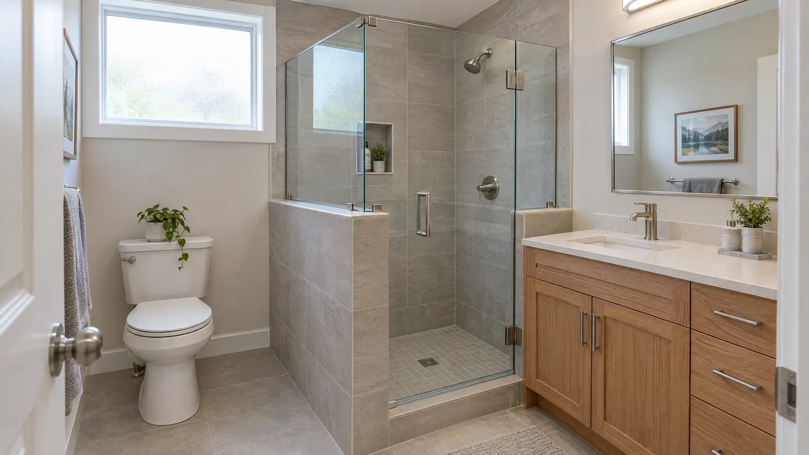 The same shower with a glass panel on the half wall and a frameless hinged door