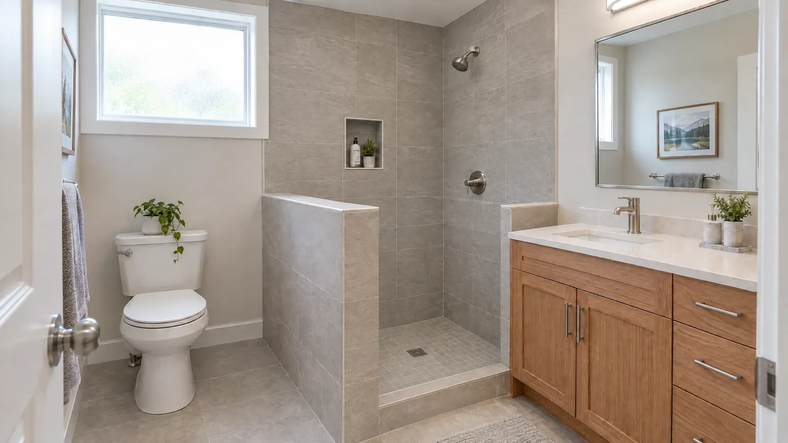 Open tiled shower behind a half wall, with no glass