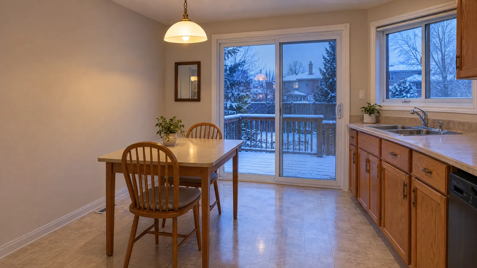 Kitchen at dusk with a slider over the sink and a sliding patio door onto a snowy deck