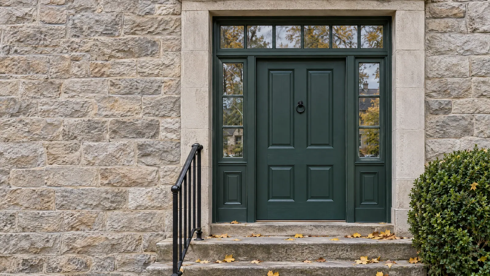 Green panelled front door in a limestone house, with a glazed transom above and narrow sidelights either side, autumn leaves on the stone steps