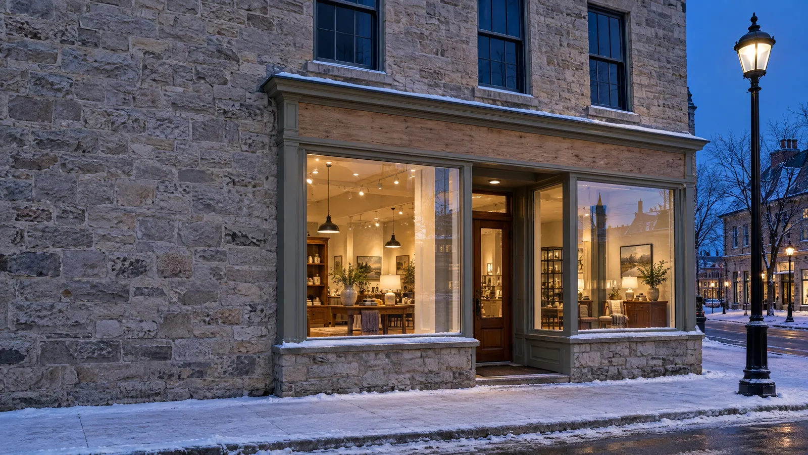 Limestone shopfront at snowy dusk with lit display windows and a recessed glass door