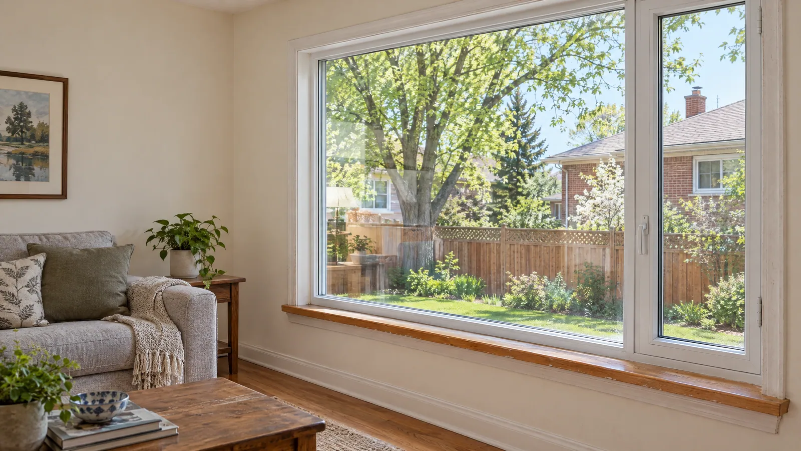 Living room with a large picture window beside a casement, looking out over a green backyard