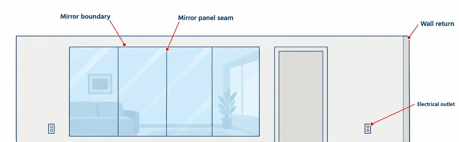 Diagram of a four-panel wall mirror in elevation and plan view, labelling the mirror boundary, the panel seams, the wall return and two electrical outlets