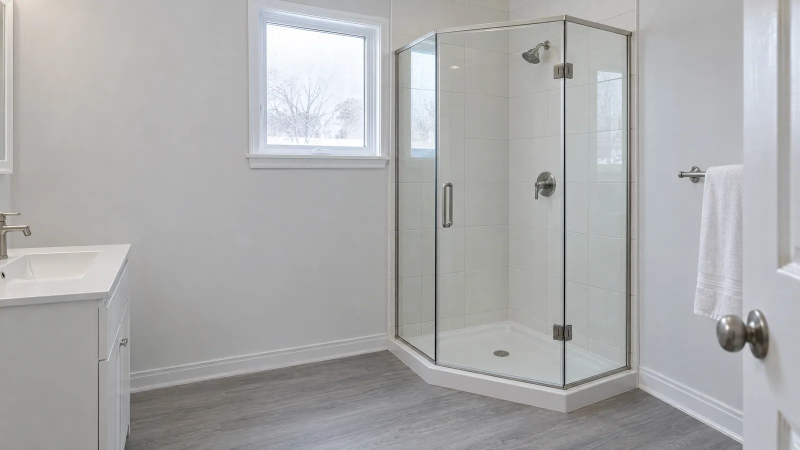 Small ensuite with a clear neo-angle glass shower in the corner