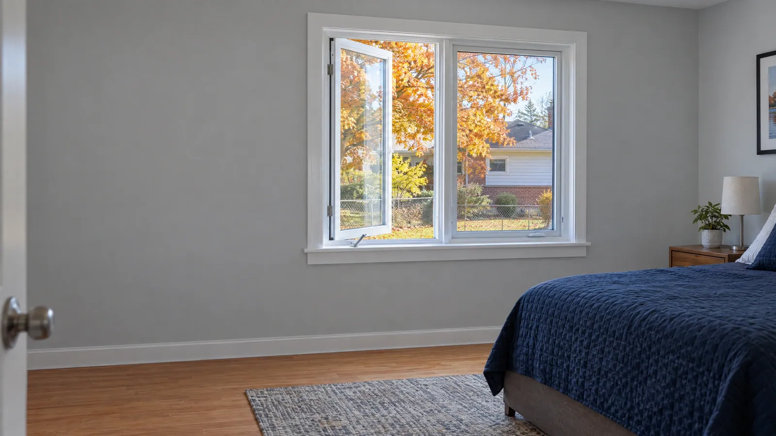 New pair of white vinyl casement windows in a bedroom, one cranked open