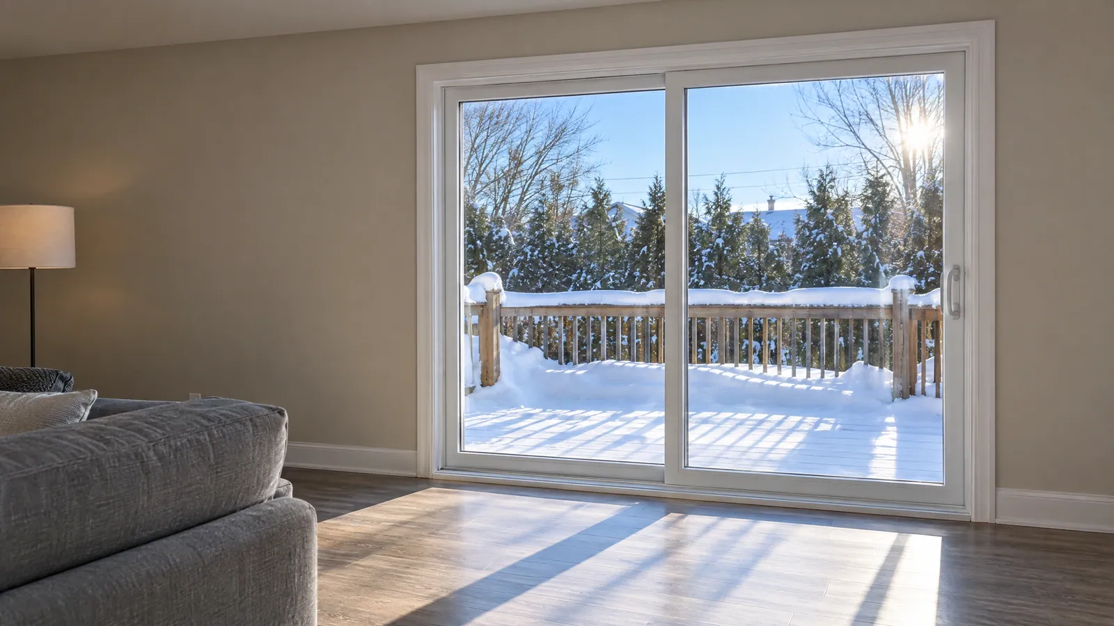 Family room with a new white vinyl sliding patio door, a sunlit snowy deck and cedar hedge outside