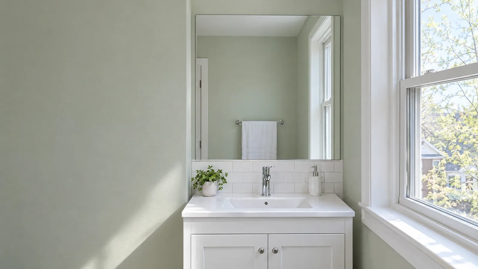 Small bathroom with a frameless polished-edge mirror resting on a white subway-tile backsplash above a white vanity, next to a tall double-hung window