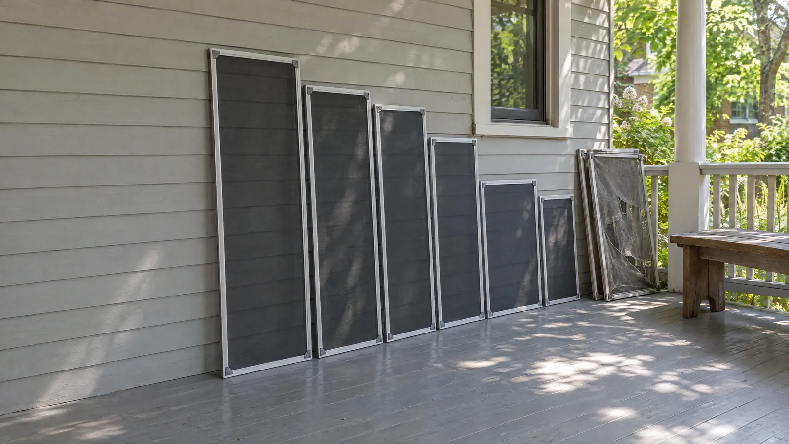Row of freshly rescreened window screens leaning against a back porch wall, with two old screens beside them showing torn mesh