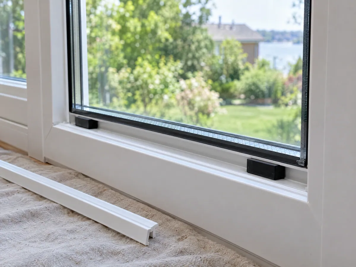 Bottom of a white vinyl window sash with the glazing stop lifted off and laid on a drop cloth, showing a new double-glazed thermal unit resting on two black setting blocks