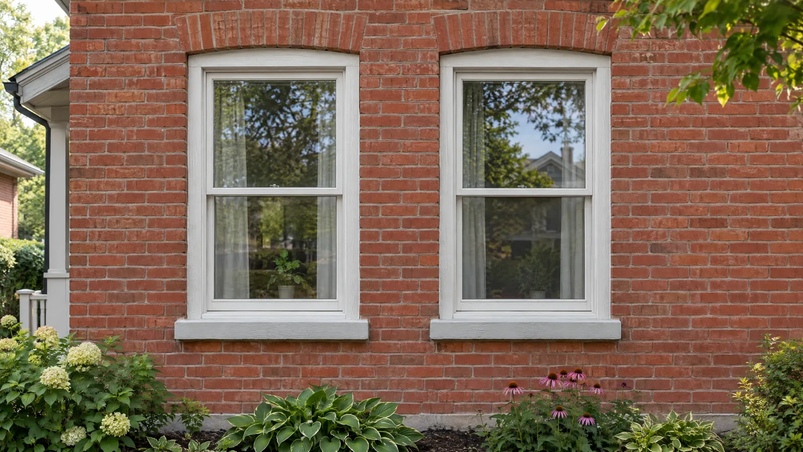 Two painted wood double-hung windows under segmental brick arches on a red brick house, with stone sills and a garden below