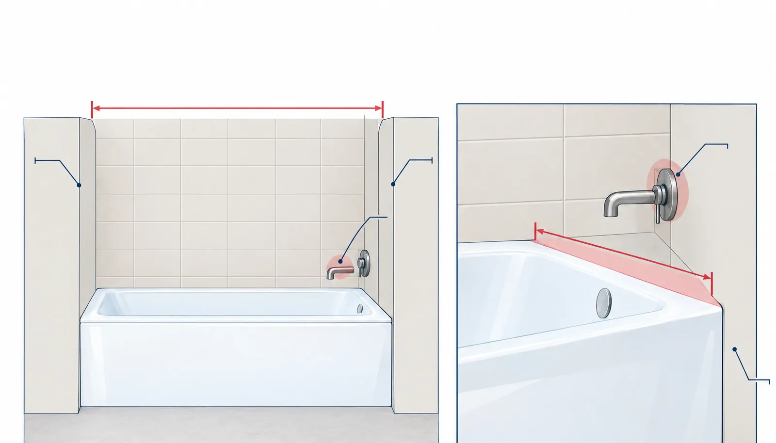 Illustration of a tub alcove with the finished wall-to-wall width marked in red, the faucet highlighted, and a close-up of the sloped tub rim where a door track would sit