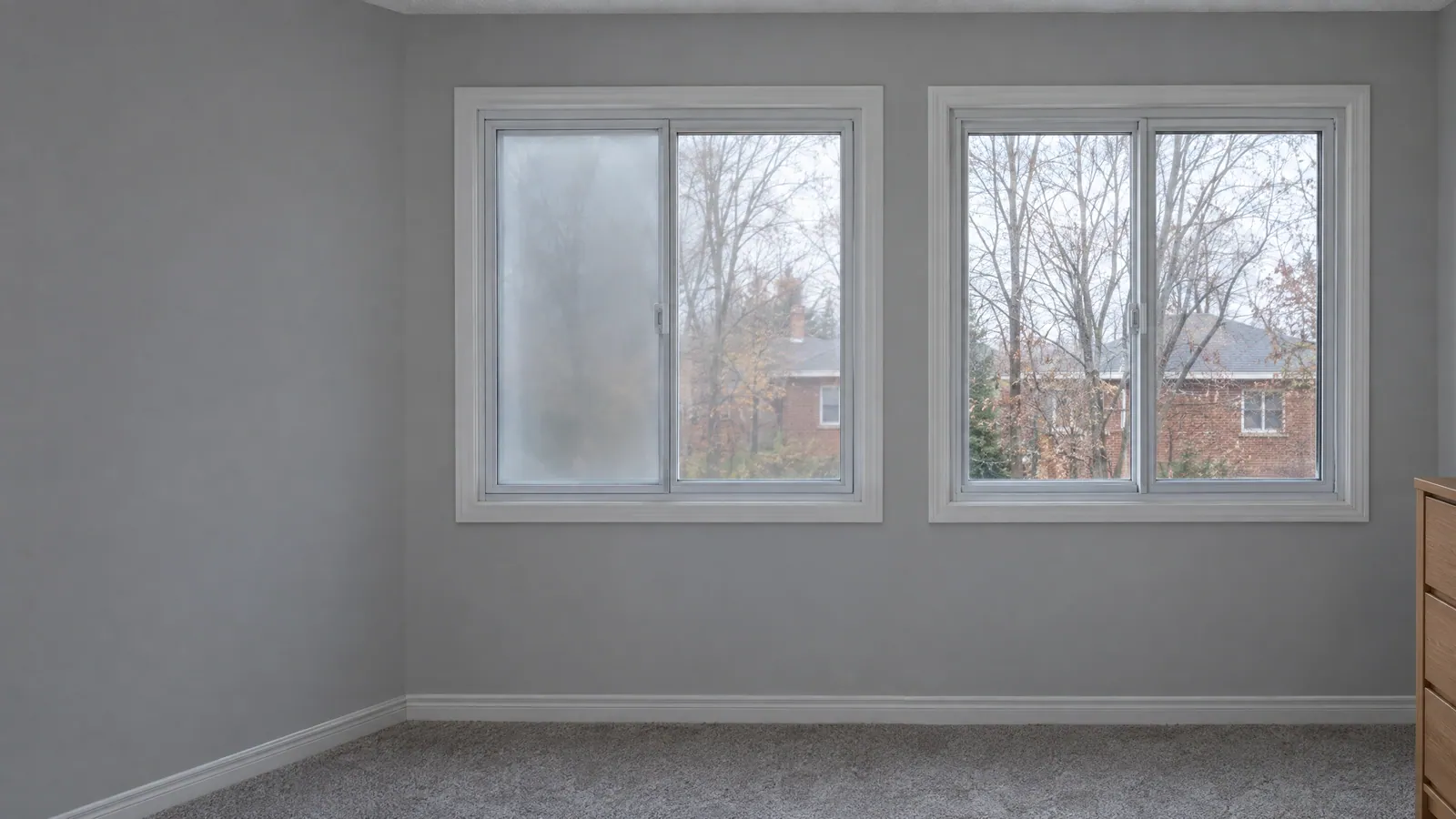 Two bedroom sliders side by side, the left fogged between the panes, the right clear