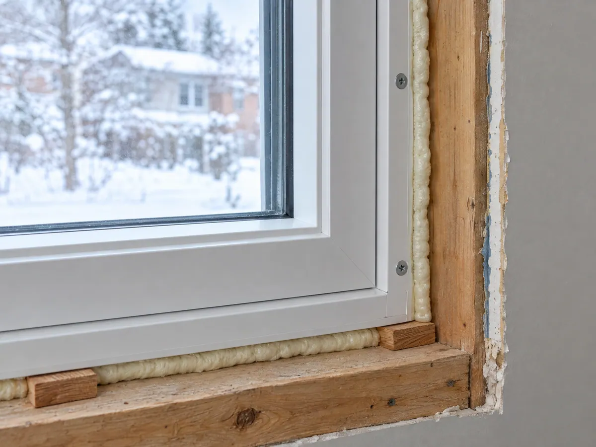 Corner of a newly installed white vinyl window in its rough opening, with wood shims at the jamb and low-expansion spray foam filling the gap before the interior trim goes on