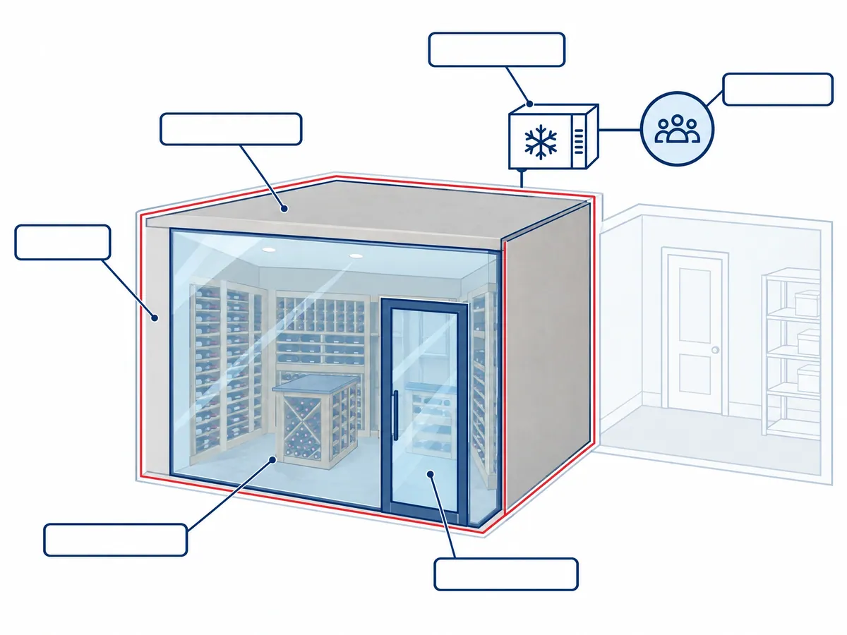 Cutaway illustration of a glass-fronted wine room with the walls, ceiling, glass front and glass door outlined as one sealed boundary, and a cooling unit mounted above