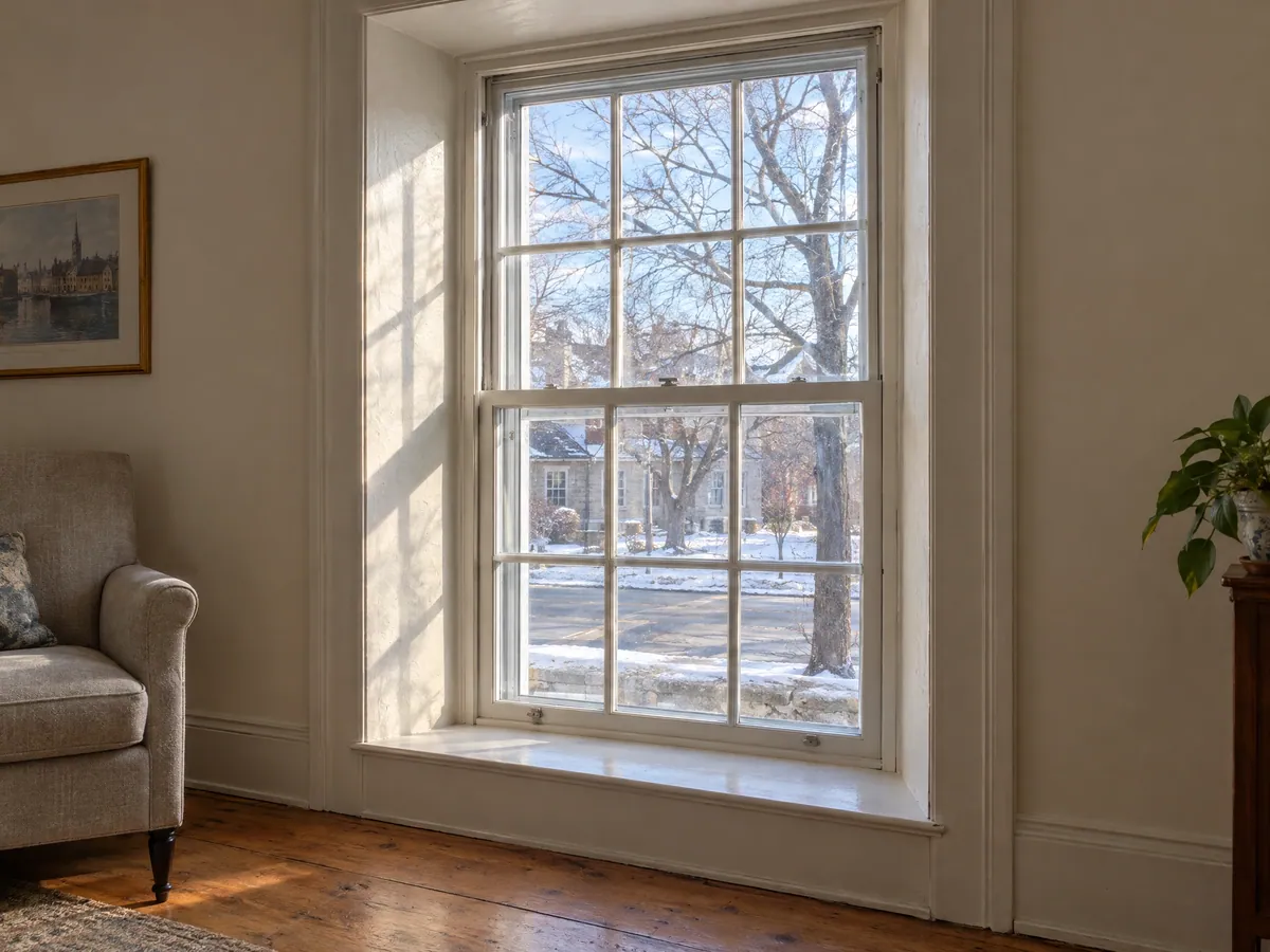 Painted wood sash window set deep in a limestone wall, with an exterior storm and a snowy street beyond